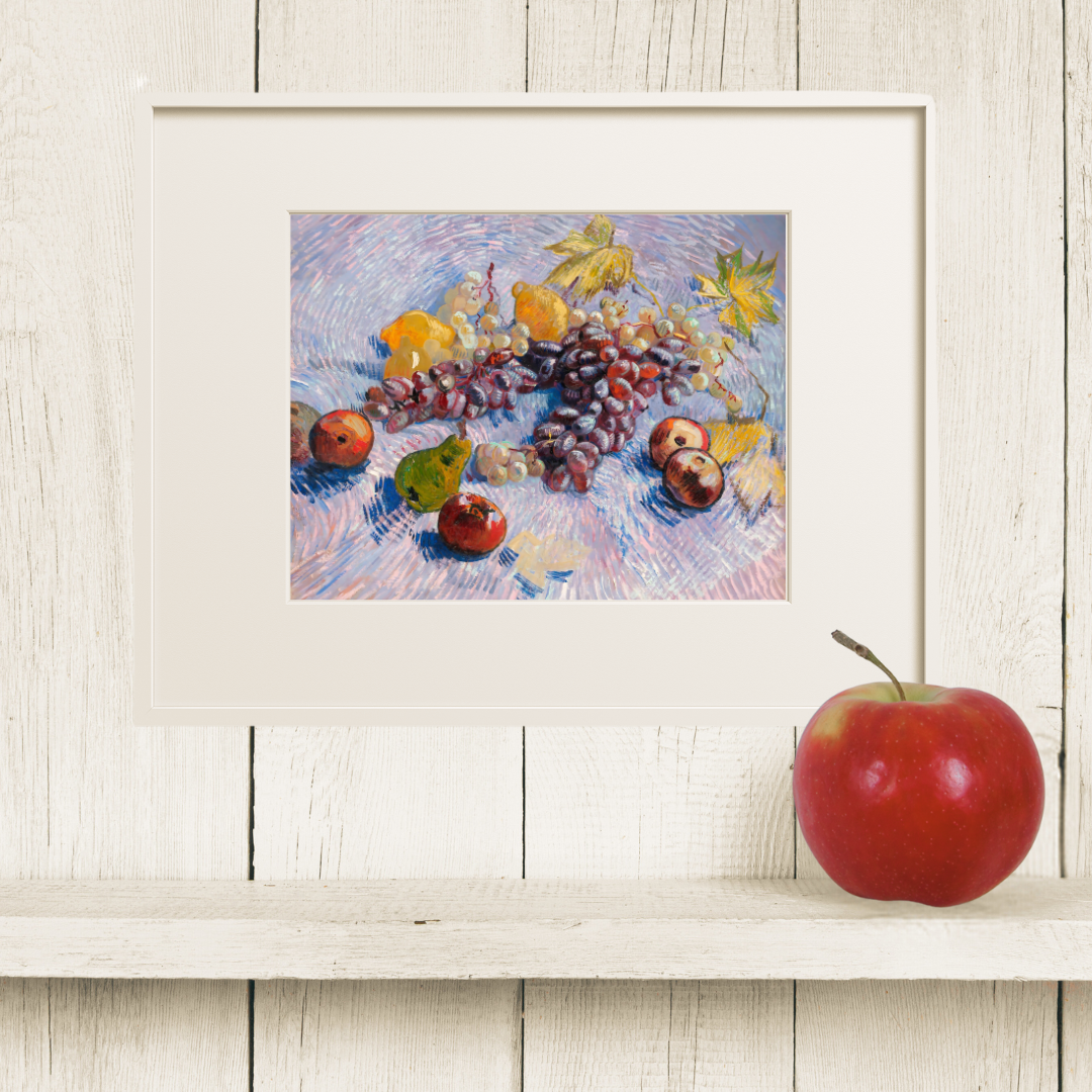 Detail of van Gogh’s textured purple grapes and yellow lemons.