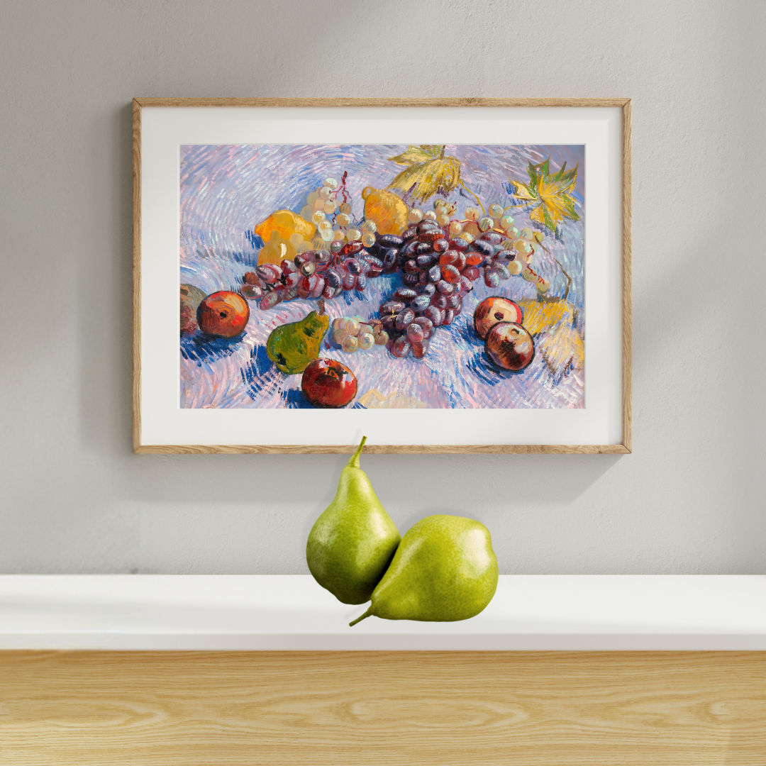 Close‑up of brushstrokes showing grapes, lemons, pears, and apples in vivid color.