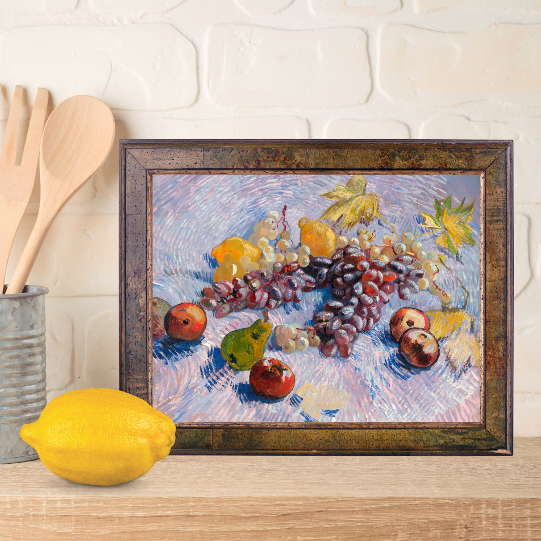 Close‑up of brushstrokes showing grapes, lemons, pears, and apples in vivid color.
