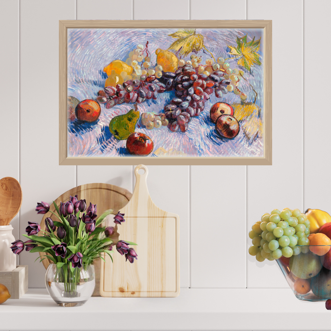 Cozy kitchen table brightened by a van Gogh fruit still‑life wall print.