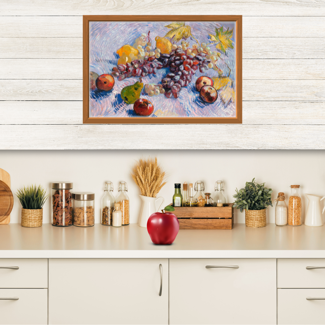 Printable vintage van Gogh still life displayed in a modern kitchen setting.