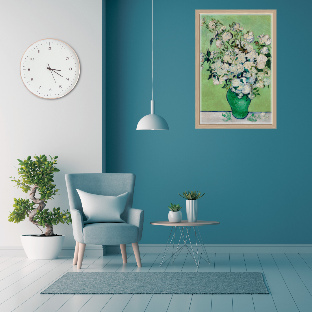 Vincent van Gogh Roses print displayed in a minimalist home setting with a blue and gray interior and plant decor.