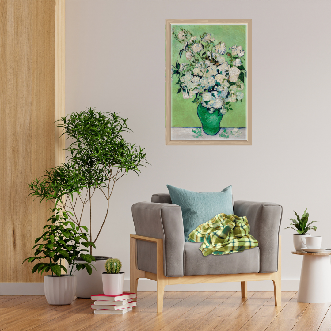 Cozy living area scene with Van Gogh Roses digital art above a comfortable earthy colored chair surrounded by plants and books.
