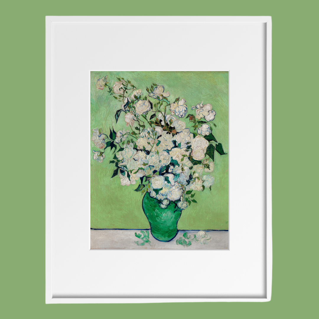 Close‑up of Van Gogh Roses print against a lime green backdrop.