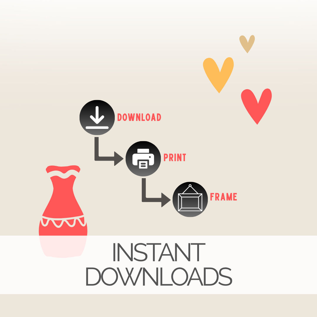 Step-by-step icons showing how to download, print, and frame digital wall art instantly at home