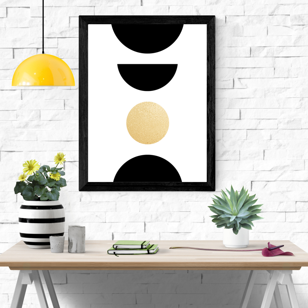Modern interior with boho abstract art, plants, and a yellow lamp.