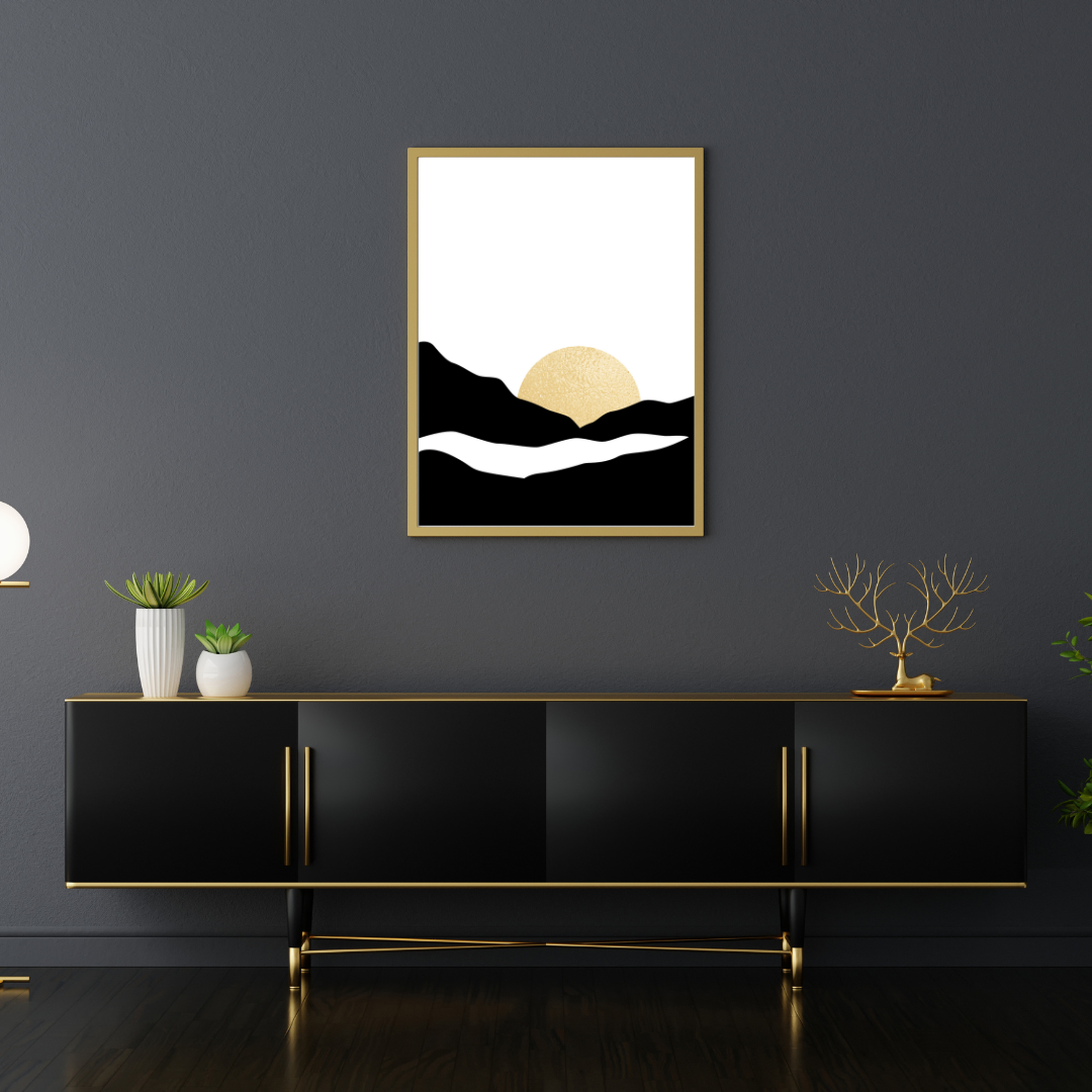 Modern interior with a black and gold console table and a matching tone boho style abstract art mounted on a dark wall.