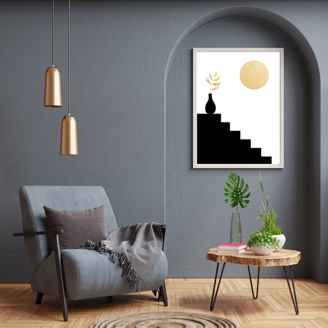 Modern dark grey toned interior reading nook and a wooden side table with an arch featuring a boho style gold and black artwork of a staircase and a golden sun.
