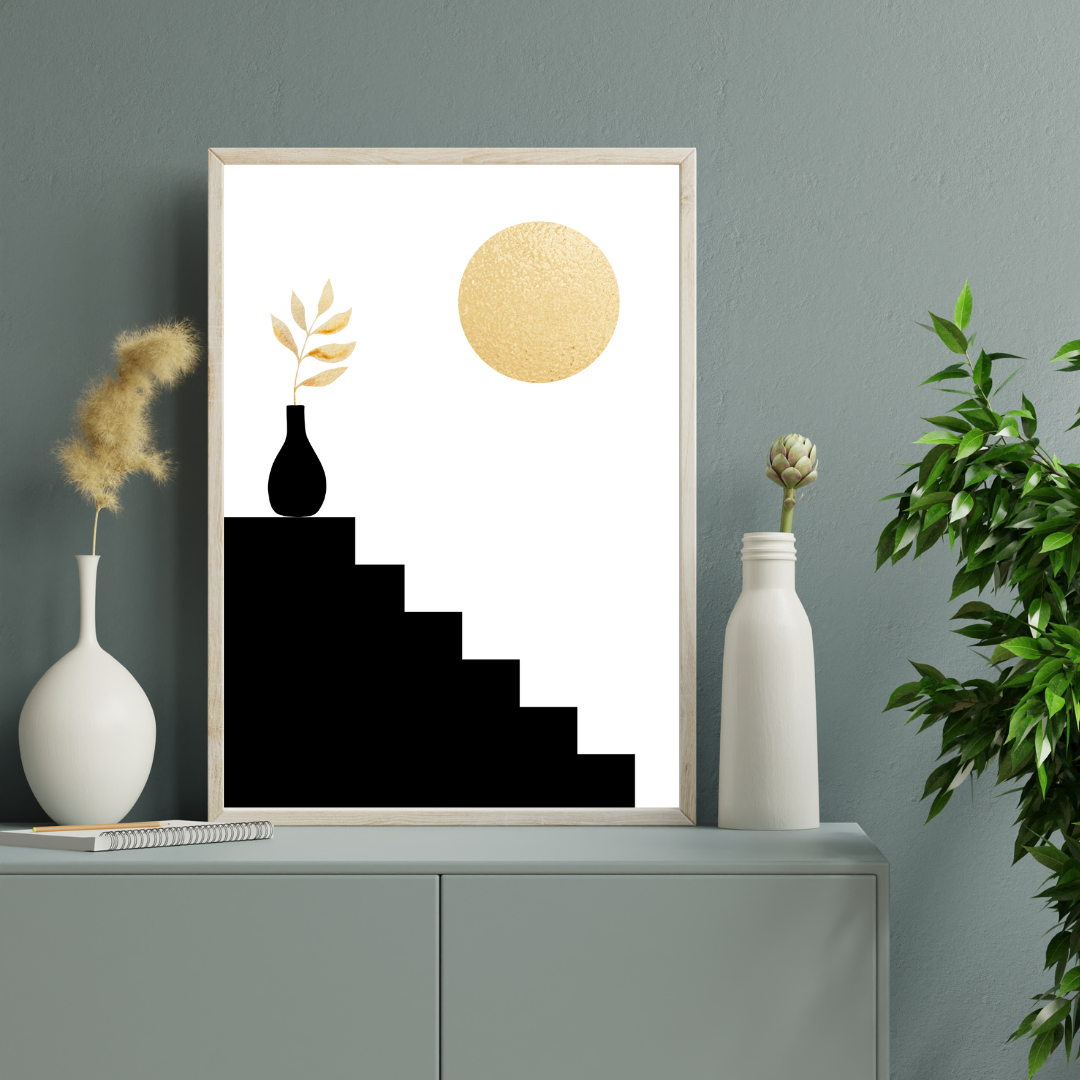 Framed boho abstract art piece on a deep grey shelf with decorative vases and plants.