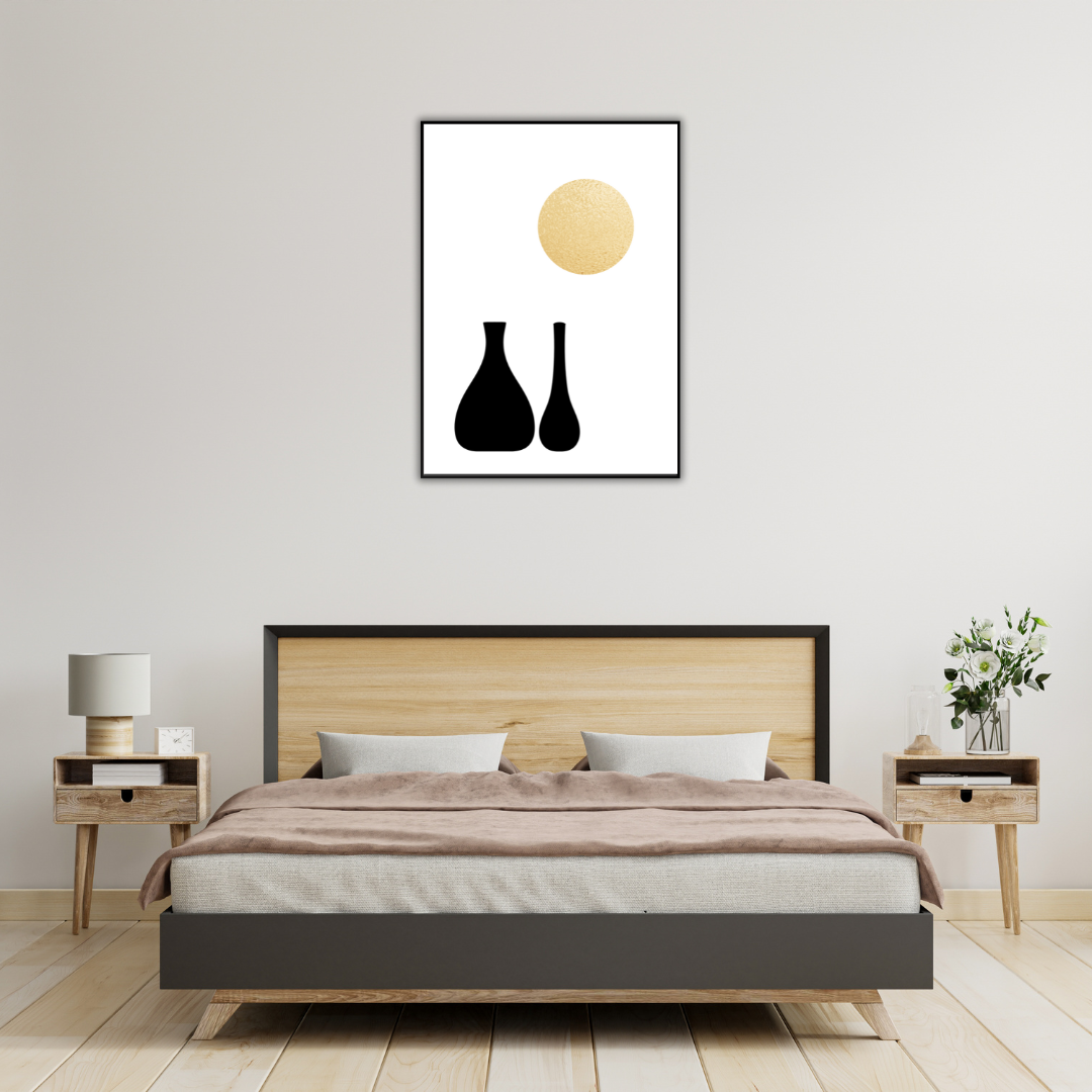 Modern bedroom with a wooden bed, nightstands, and a boho style black and gold wall art piece mounted on a neutral wall.