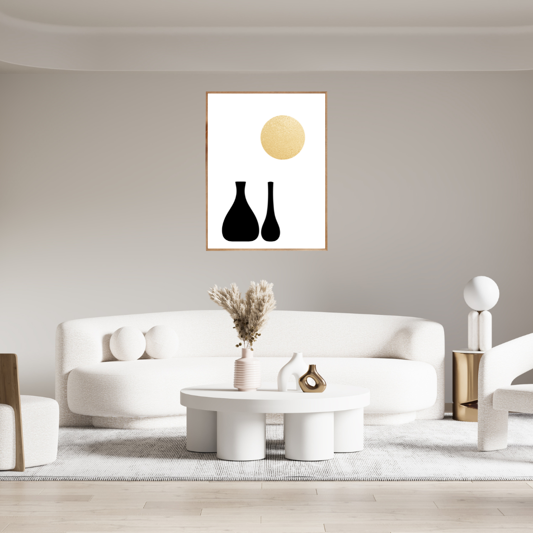 Modern living room with a white sofa, coffee table, and decorative items. A framed artwork with black vases and a golden sun is on a neutral wall.