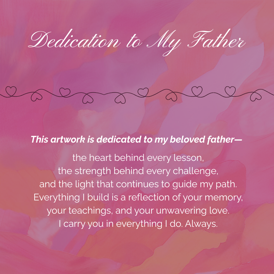 Dedication card with heartfelt tribute to the artist’s father, blending meaningful words with the serene, sunset-toned setting in “A Father’s Heart” print.