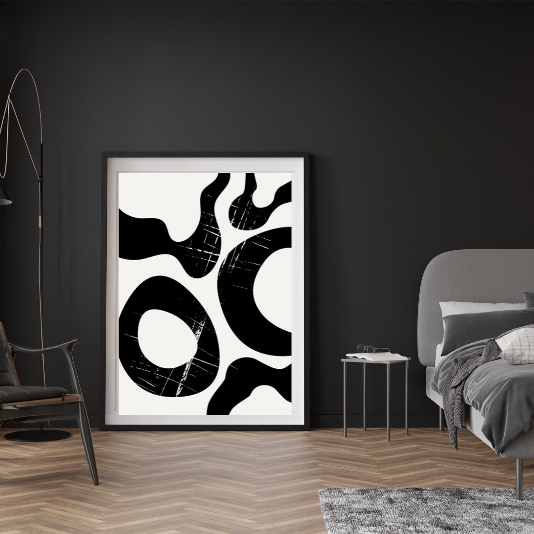 Modern bedroom interior with japandi abstract black and white artwork on a dark wall.