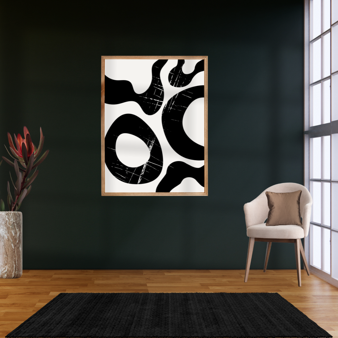 Japandi abstract black and cream artwork on a deep blue wall with a chair and plant in the foreground.