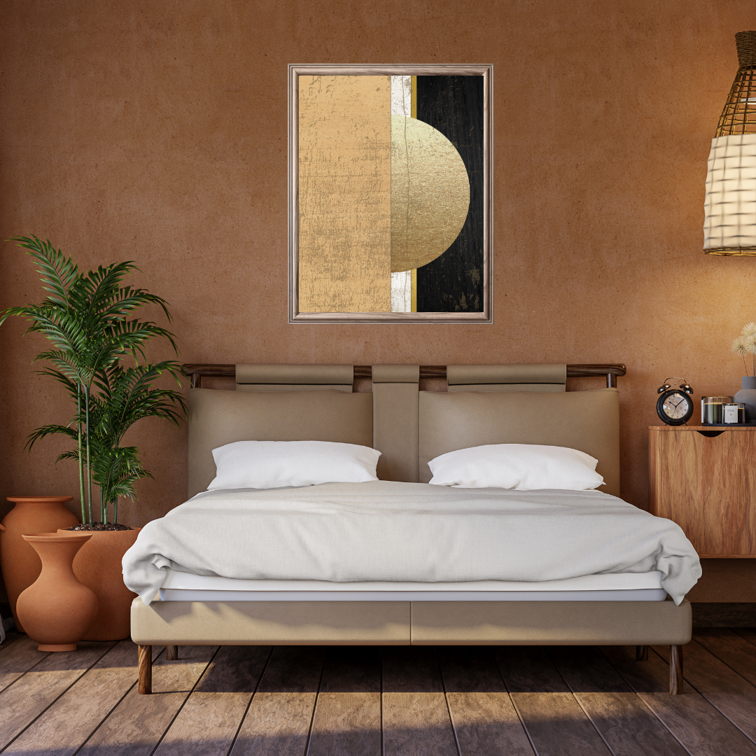 Modern terracotta bedroom with wooden and ratan decor, featuring an earth-toned Japandi artwork with gold accents framed above the bed.