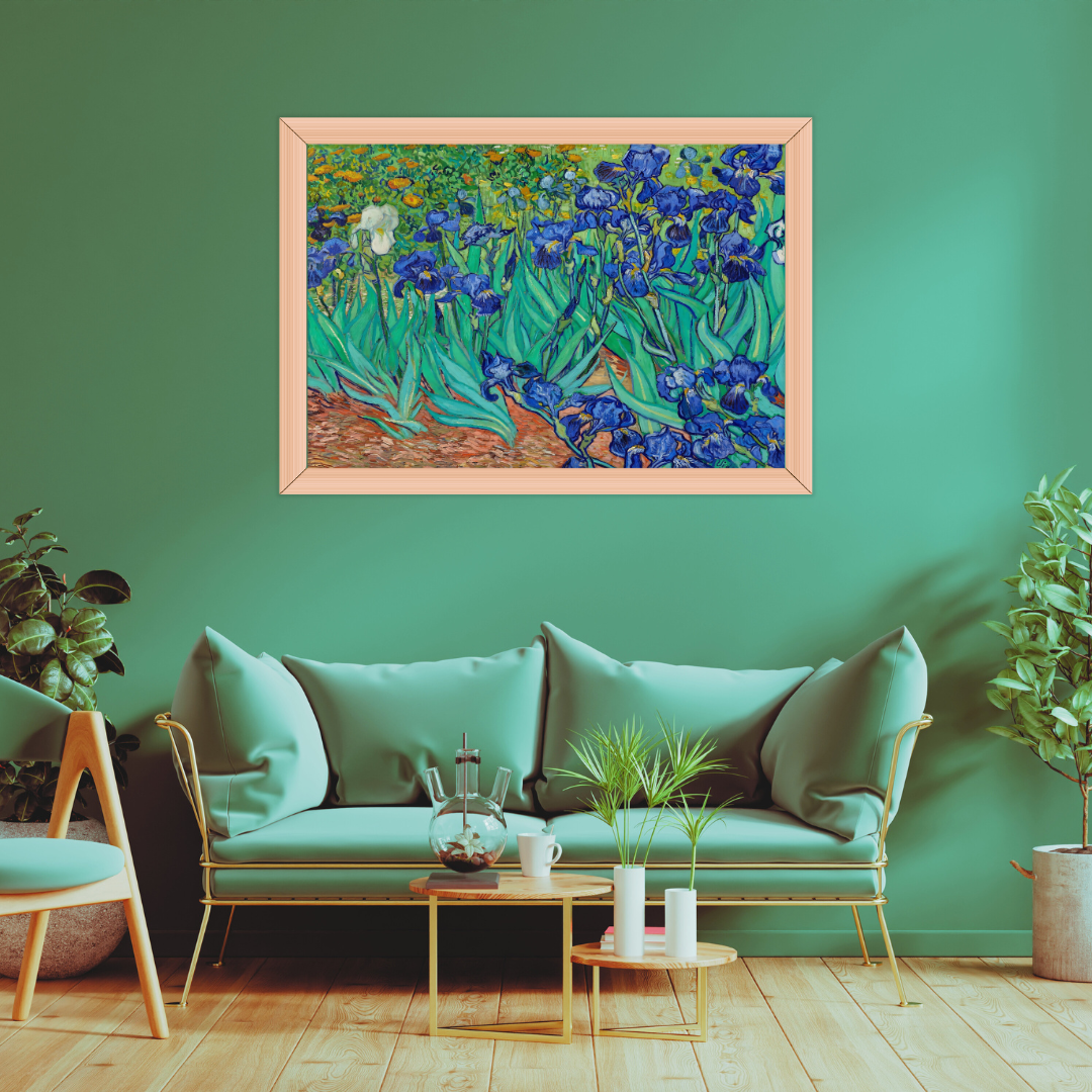 Printable vintage floral painting displayed in a bright living room with plants.