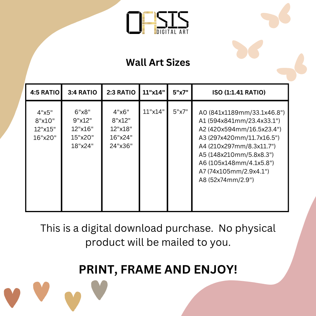 Digital print wall art size guide showing various aspect ratios and recommended frame sizes.