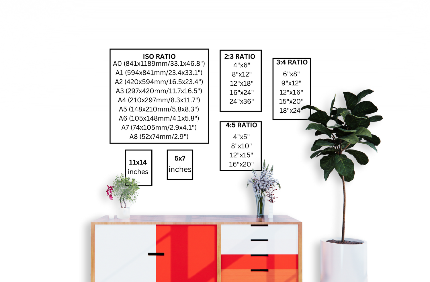 Wall art size guide showing digital print dimensions for home and poster