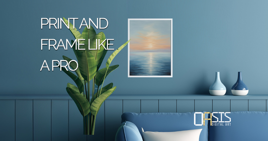 Framed ocean abstract digital art in modern living room