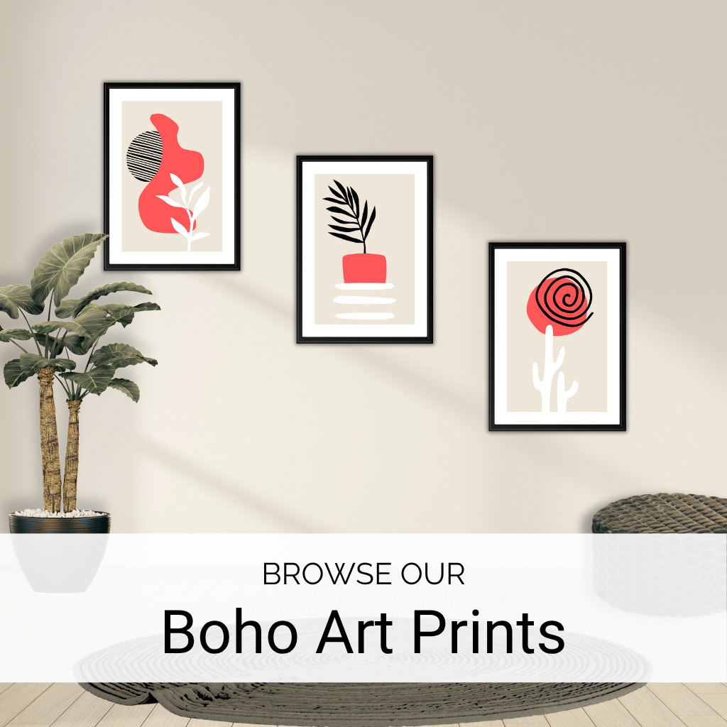 Three elegant boho art prints in black and coral hues, framed against a soft neutral wall.