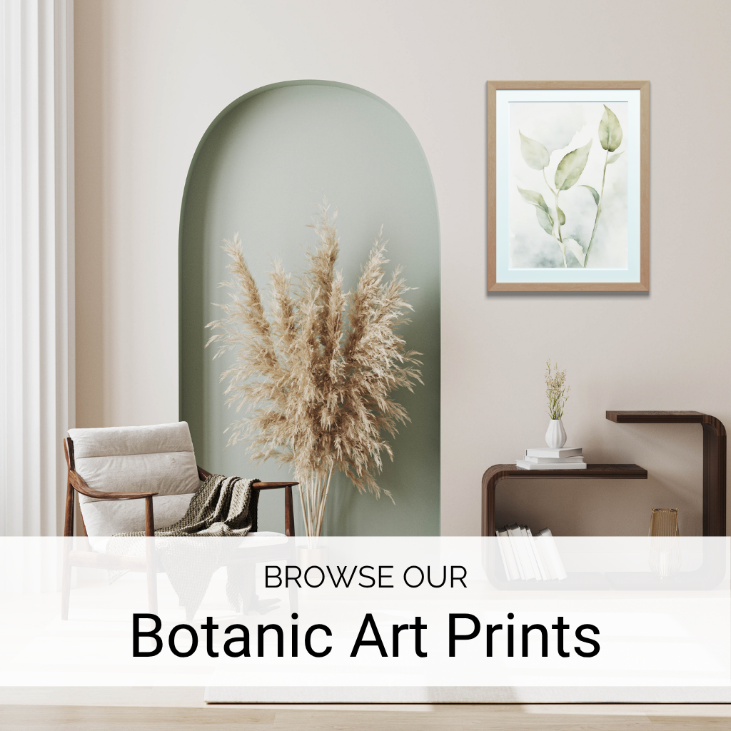 Living room mockup with a wall picture featuring watercolor leaves in muted greenish sage tones
