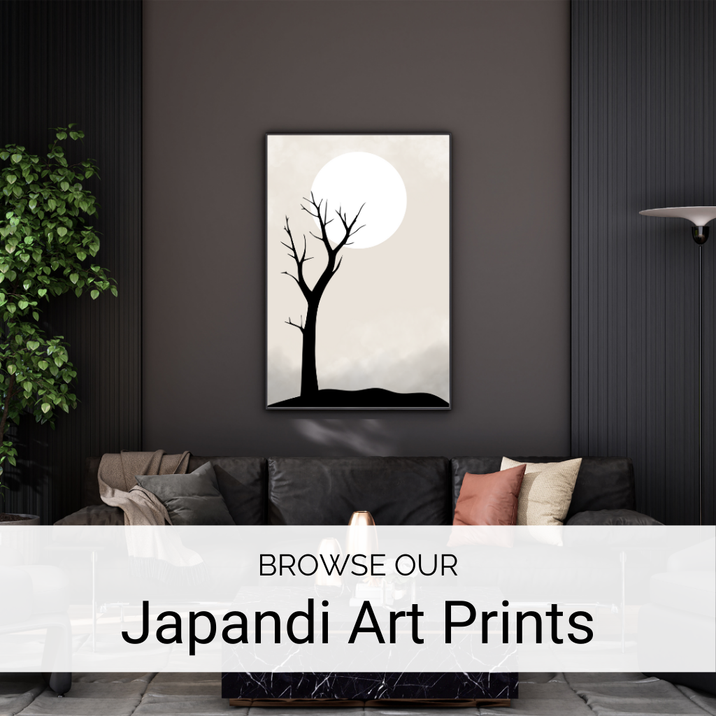 Japandi wall art print featuring minimalist black tree silhouette against a full moon, styled in a modern living room with neutral Japandi-inspired decor.