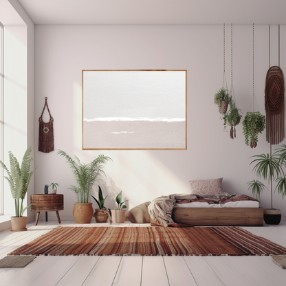 Modern Boho inspired bedroom with plants, a bed, and decorative items featuring a minimalist Wabi Sabi inspired sea and sky wall art in soft earthy tones.