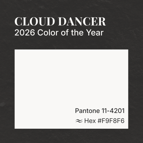 Text indicating 'Cloud Dancer 2026 Color of the Year' with Pantone color information on a dark background.