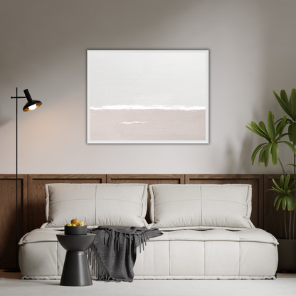 Modern living room with a white sofa, wooden headboard, and a minimalist abstract artwork on the wall.