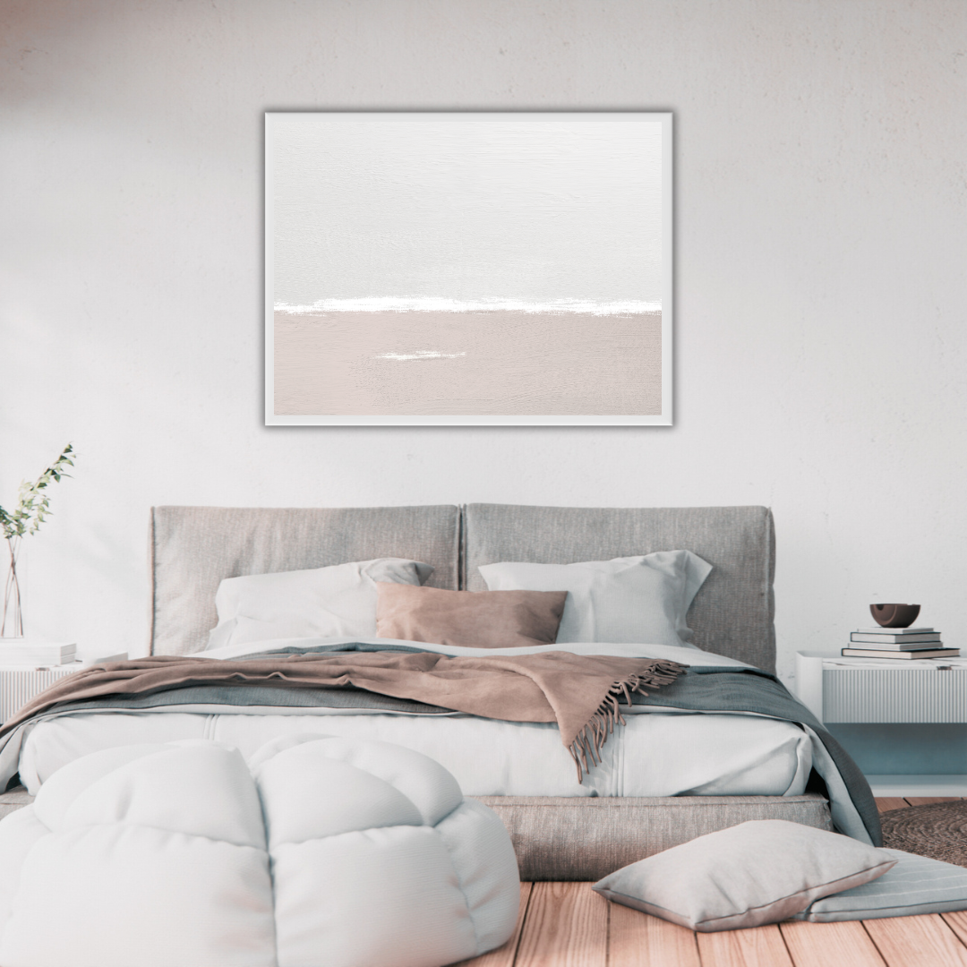 Modern bedroom with a bed, headboard, and framed Wabi Sabi artwork on the wall.