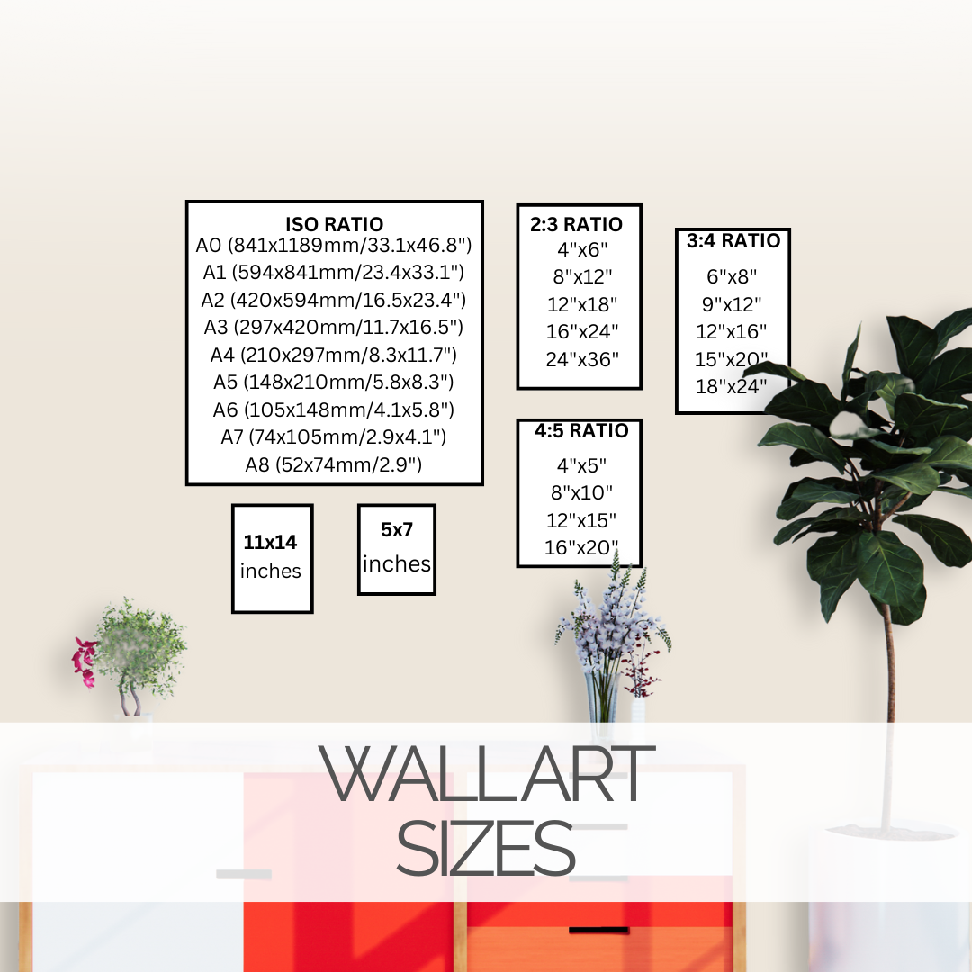 Wall art size guide showing digital print dimensions for home and poster display