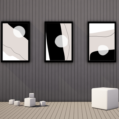 Framed digital prints of curved lines and geometric shapes on a brown wall