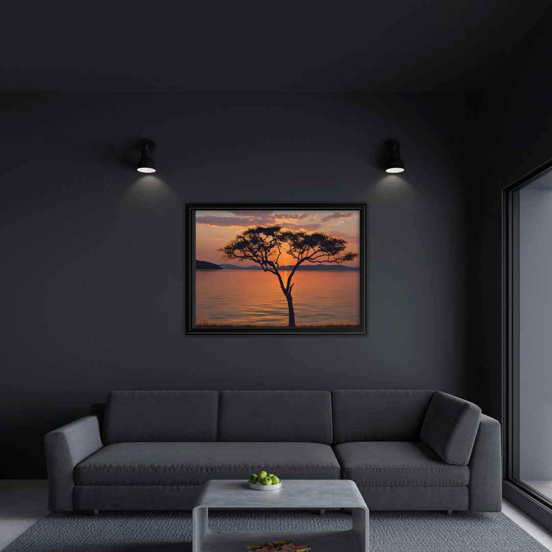 African sunset art styled in a modern charcoal color cozy and modern living room.