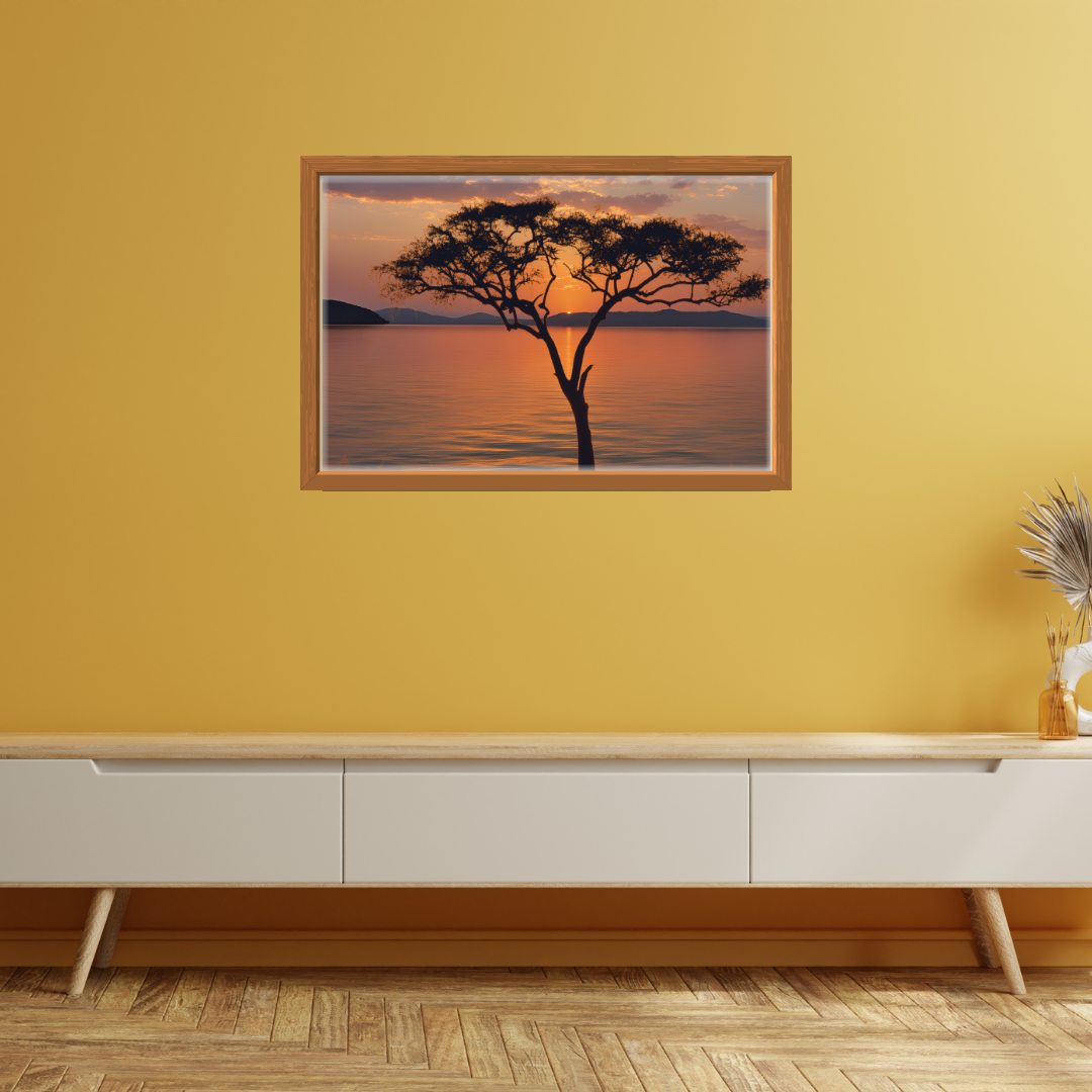 African sunset art styled above a wooden table with a war yellow backdrop.