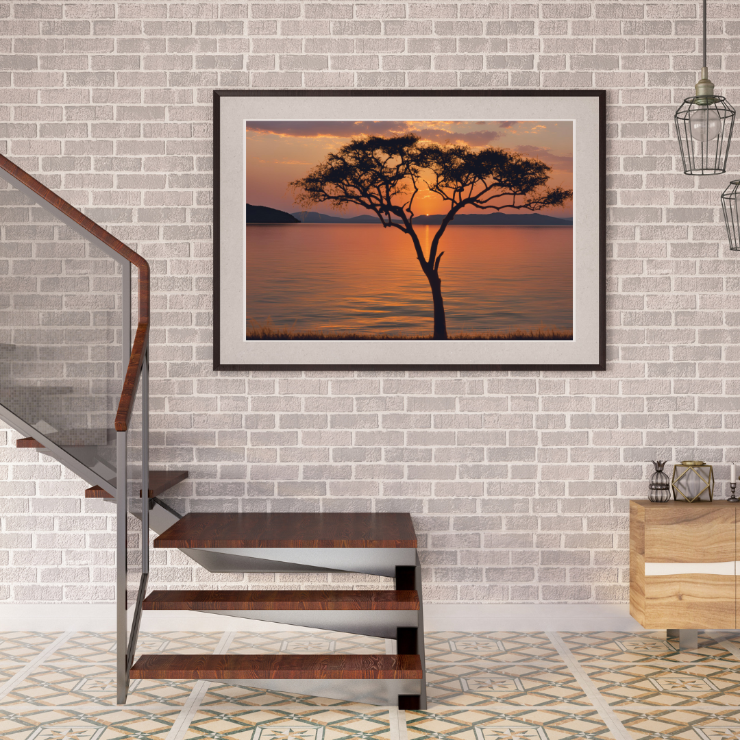 Brick wall featuring African sunset by a staircase entrance.