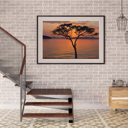 Brick wall featuring African sunset by a staircase entrance.