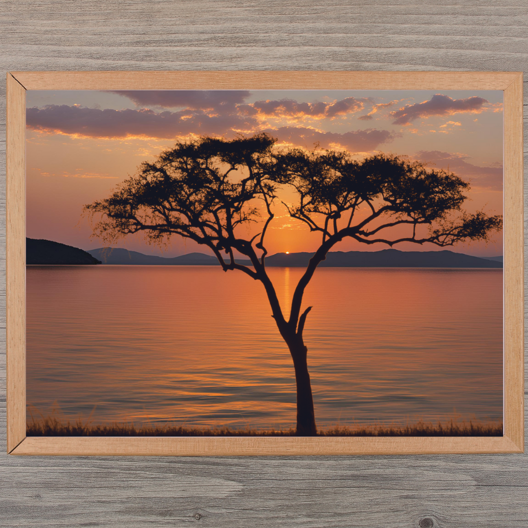 Close‑up of sunset lake scene in natural wood frame mounted on a wooden backdrop.