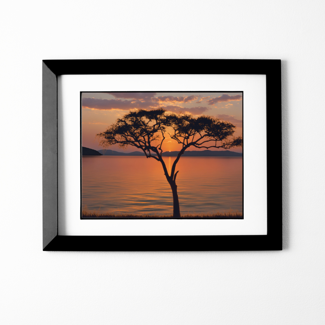 Close‑up of sunset lake scene in black frame on a crisp white wall.