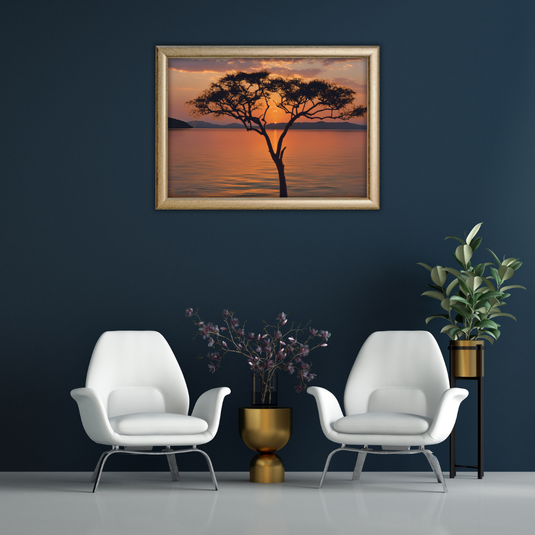Office reception setup with sunset landscape print on a dark wall and above two white chairs with gold decor.