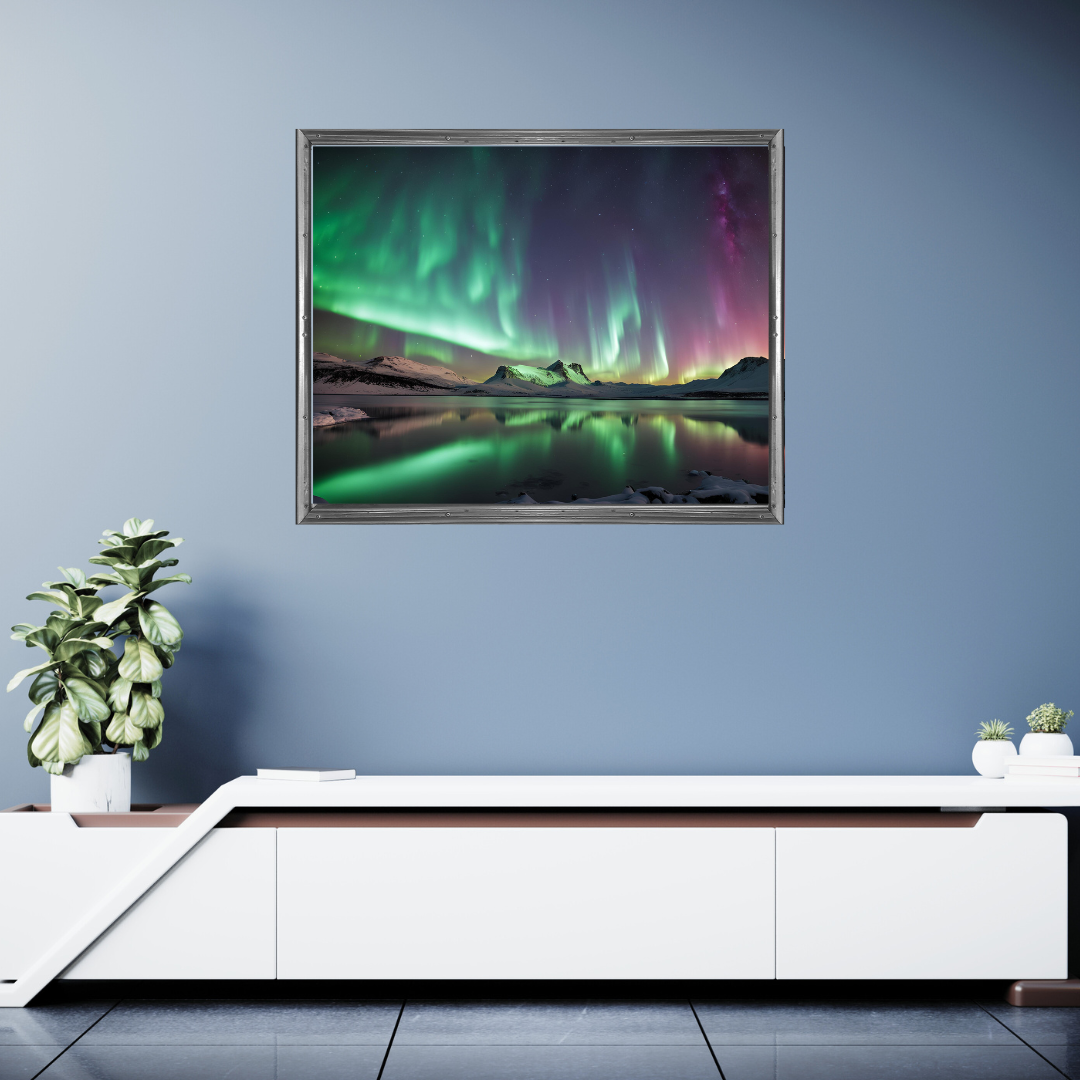 Aurora digital art styled above a wall mounted table in a clean and minimalistic setting.