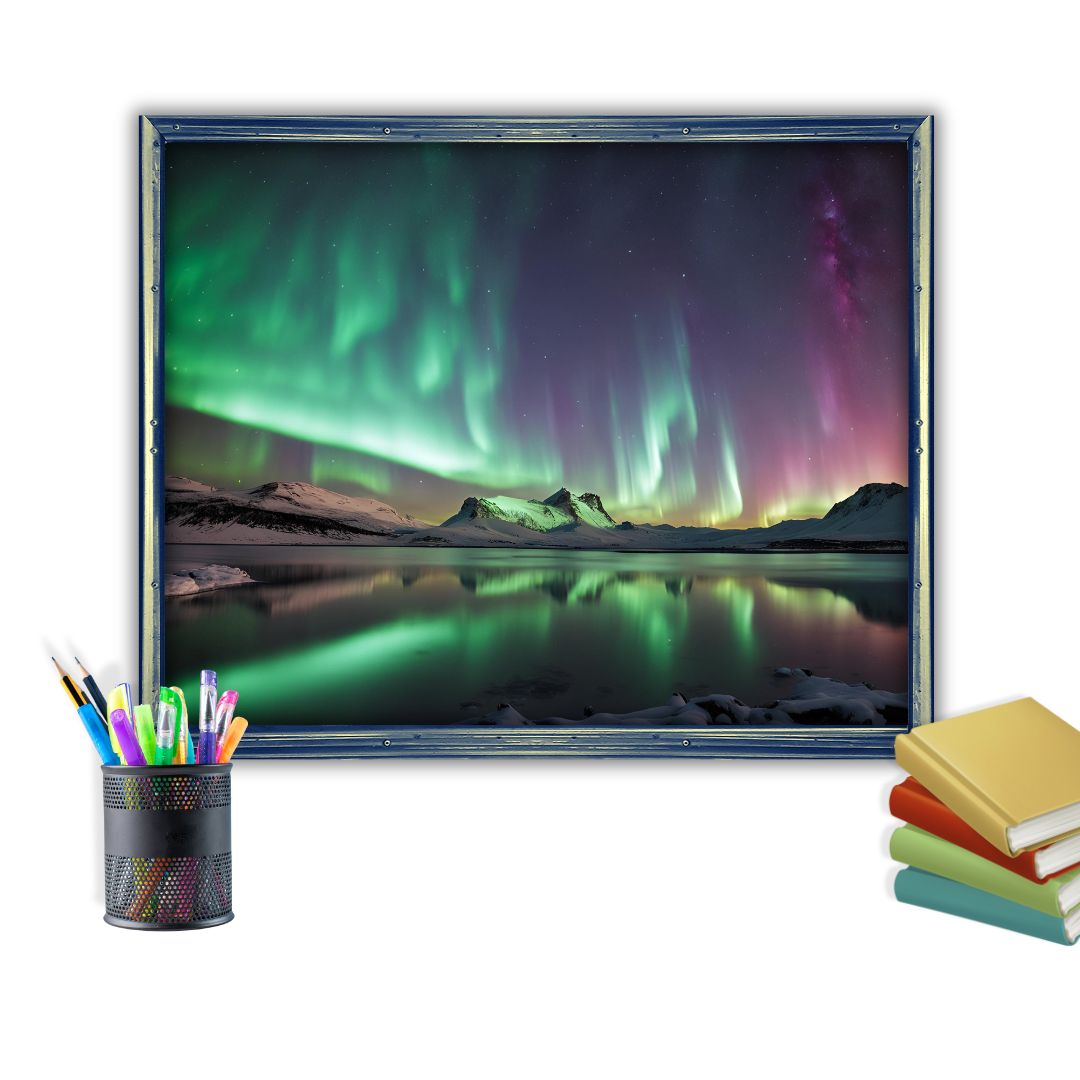 Close‑up of Northern Lights landscape in a recycled metal frame with decor of books and a pen holder.