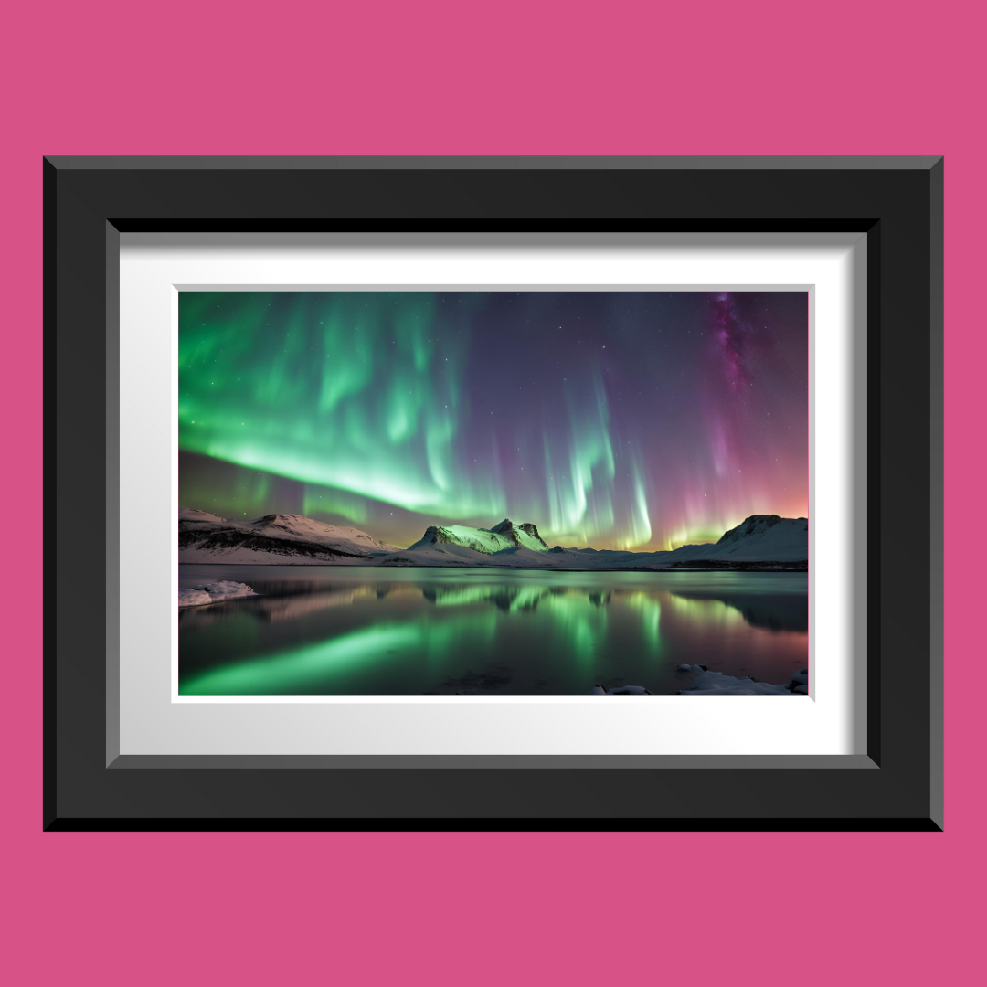 Close‑up of Northern Lights landscape in a black frame with a crimson backdrop.
