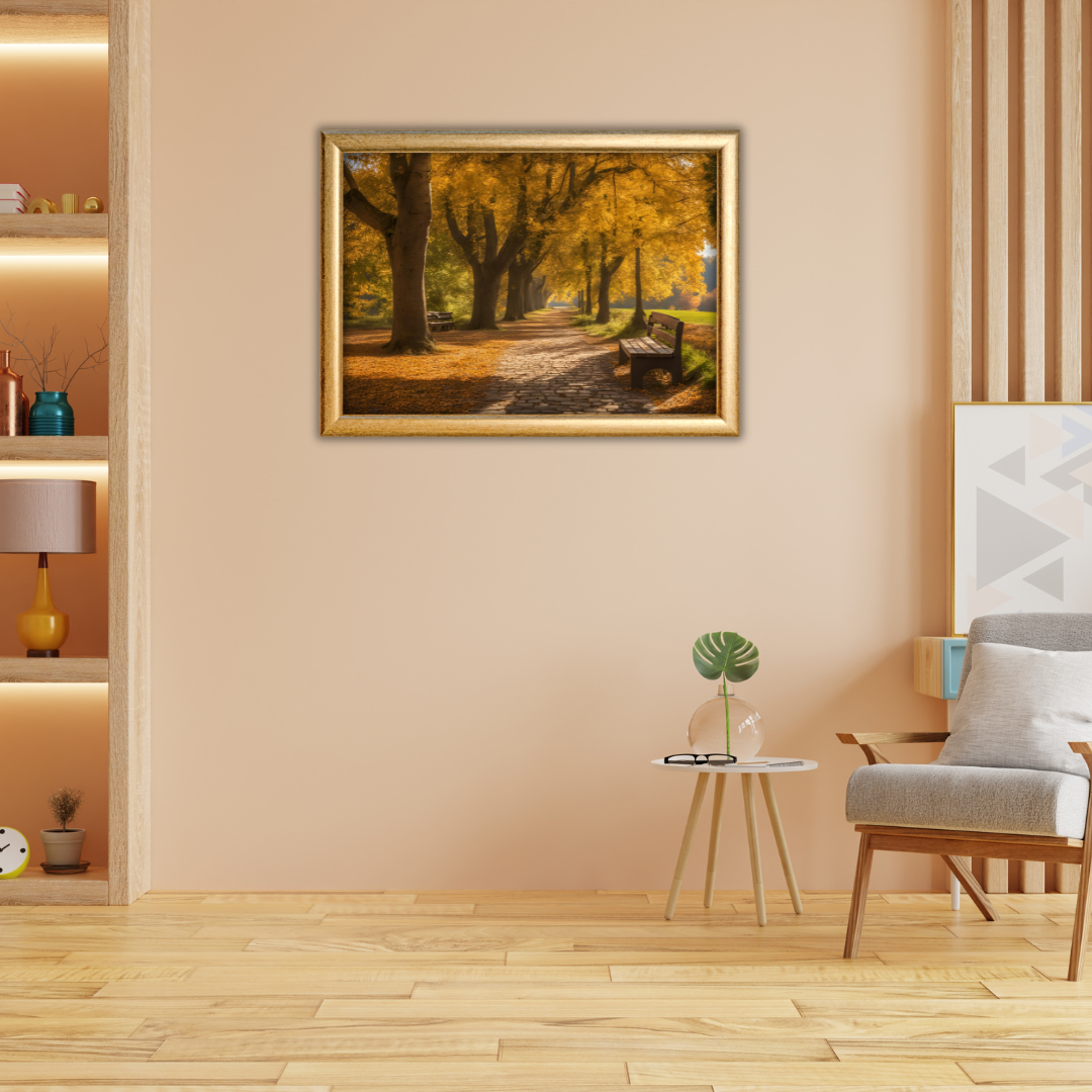 Home area setup with autumn landscape print between a wall shelf and a chair with light wood flooring.
