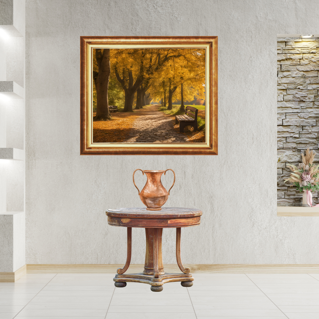 Gallery‑wall scene featuring autumn path print in a minimalist hallway.
