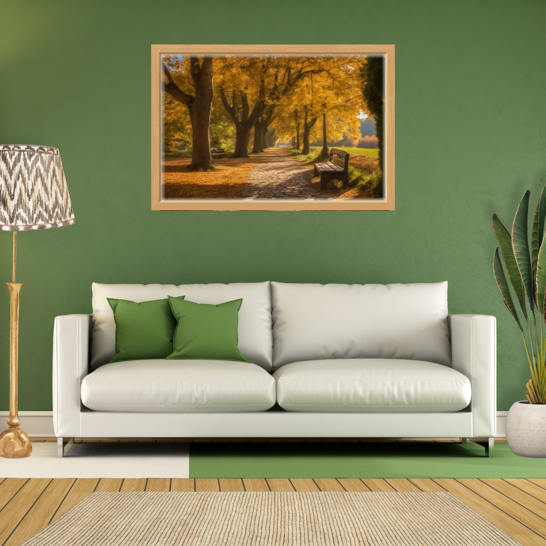 Large autumn landscape canvas hanging over a beige sofa in a cozy living room with an earthy green setting.