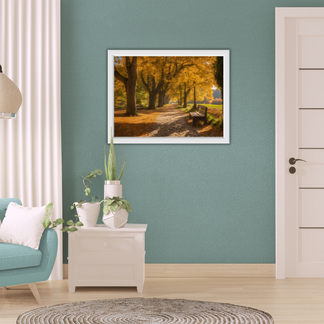 Bedroom nook showing autumn path art next to a bedside a chair and table with a ceramic vases.