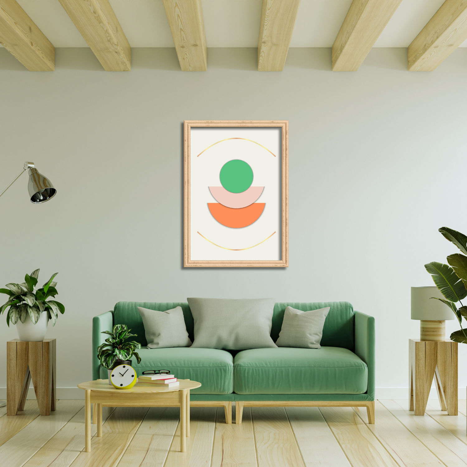 Neutral living room showing stacked-shape wall art with gold curved lines and earthy tones.