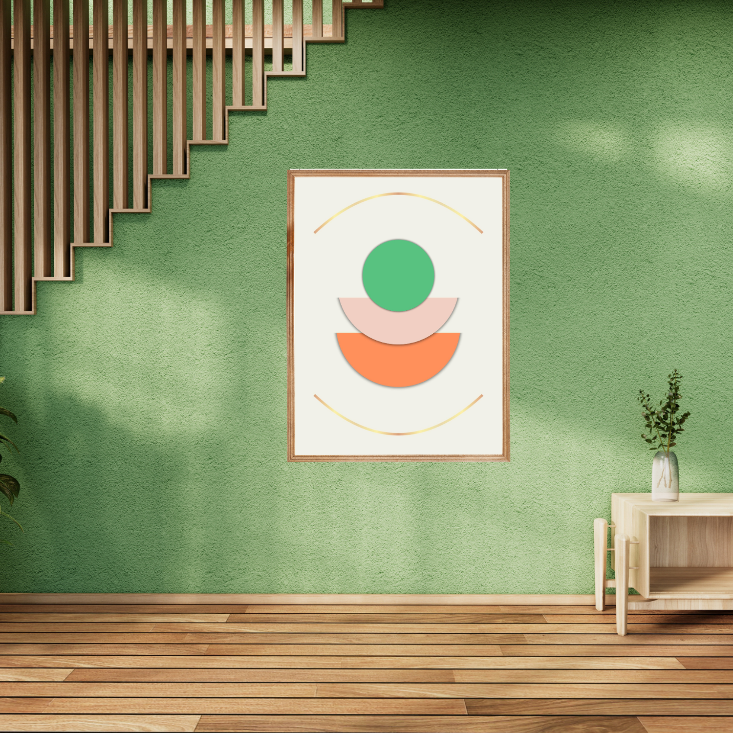 Earthy entrance hall and staircase showing stacked-shape wall art with gold curved lines and earthy tones.