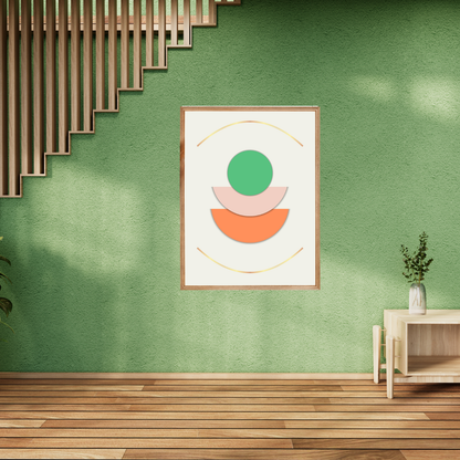 Earthy entrance hall and staircase showing stacked-shape wall art with gold curved lines and earthy tones.