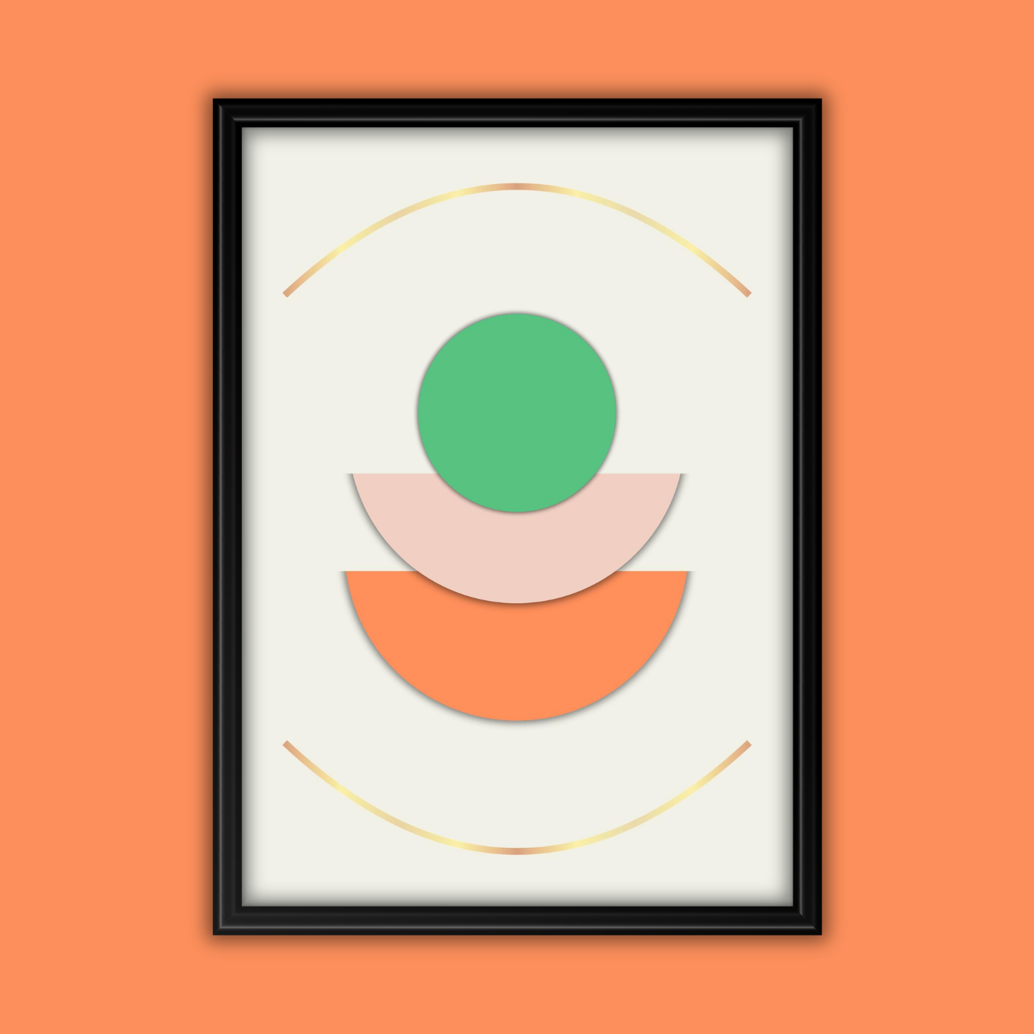 Close-up of geometric boho print highlighting textured orange, pink, green and metallic gold details sitting in front of an orange background.